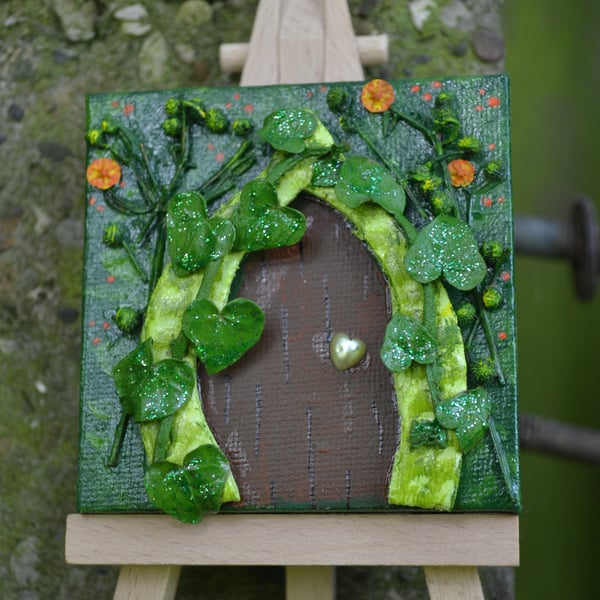 Green & Orange Fairy Door - Original mixed media mini painting