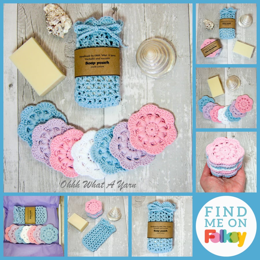 Pastel cotton scrubbies and soap saver, soap pouch.  Face wipes. Soap sock.