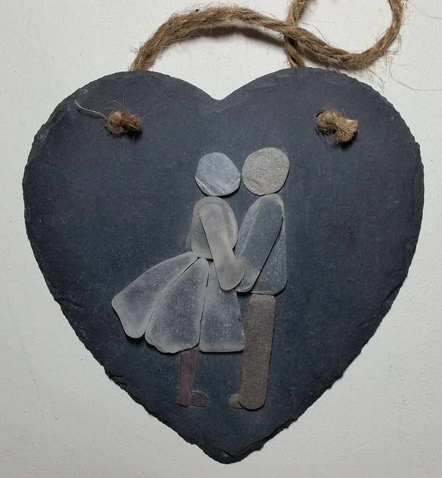 Pebble Art Kissing Couple on a Slate Heart