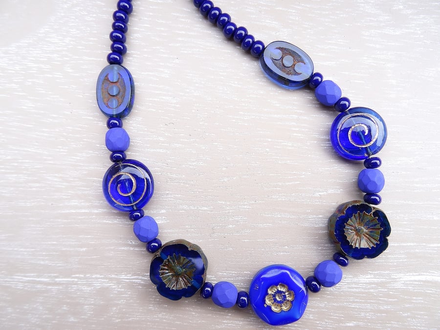 Cobalt Blue Necklace, Czech Glass Necklace, Flower Necklace, Daisy Necklace.