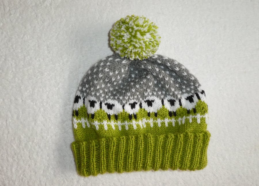 Sheep Bobble Hat with Pompom. Green Field Sheep Hat. Snowy Sheep Bobble Hat