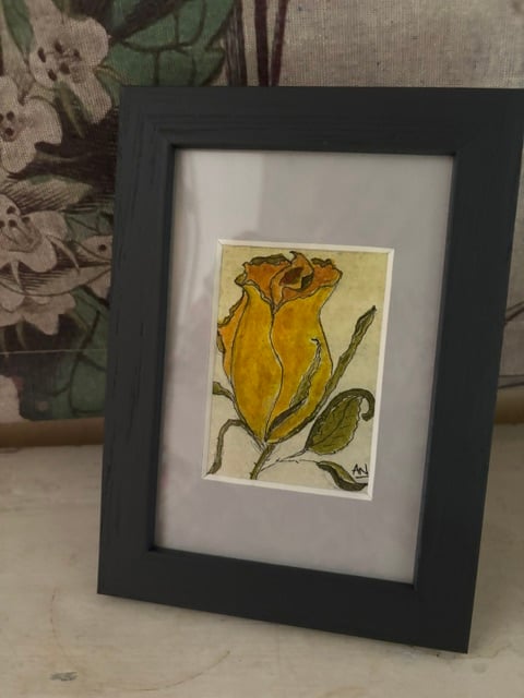 ACEO Framed Original Art, Rosebud Golden Glow