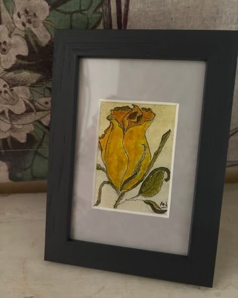 ACEO Framed Original Art, Rosebud Golden Glow