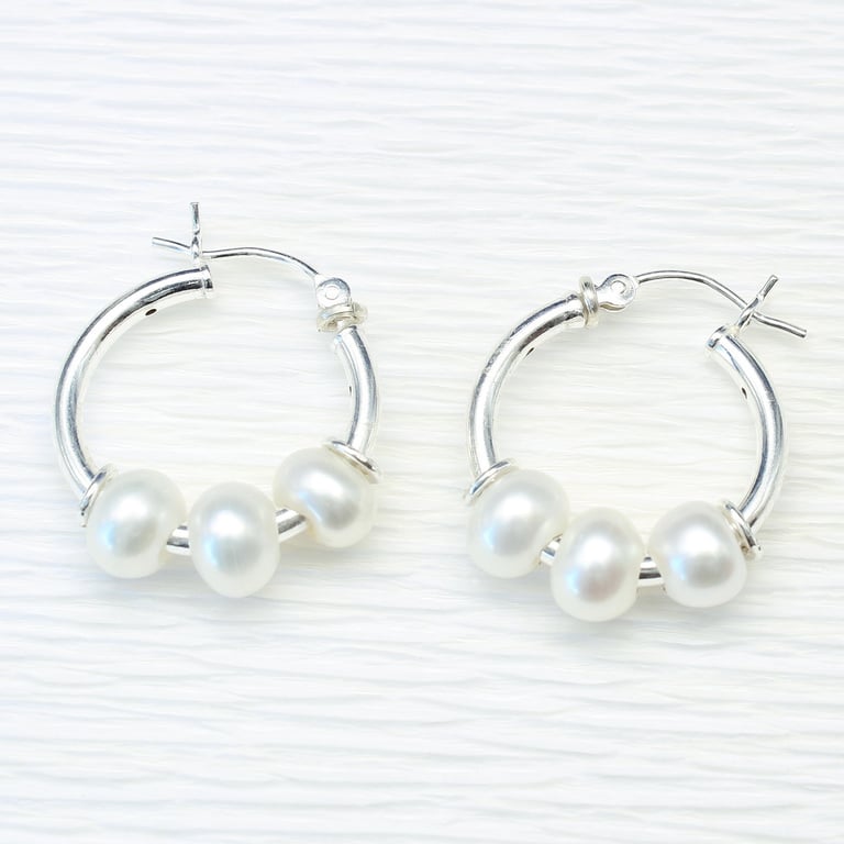 Handmade three stone Freshwater Pearl earring hoops, sterling silver sleepers