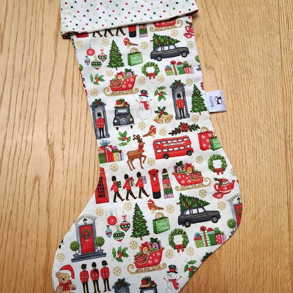 London themed cotton Christmas stocking