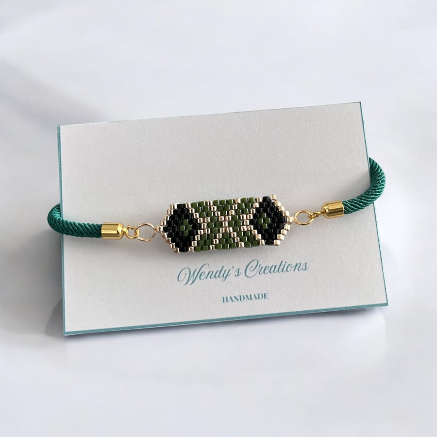 Diamond Design Miyuki Delica Bead Adjustable Bracelet Green Gold & Black,  