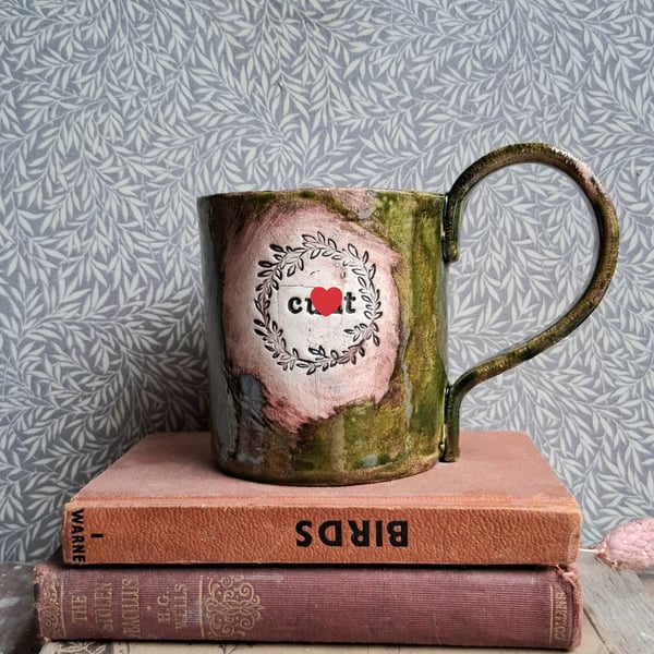 Ceramic handmade coffee mug c8nt sweary mug olive green- 