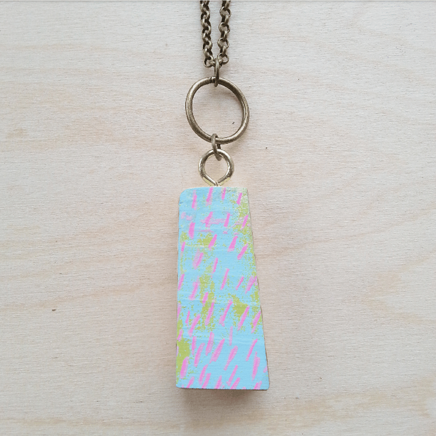 Hand Printed Wooden Necklace - Wooden Pendant - Reclaimed Wood Jewellery