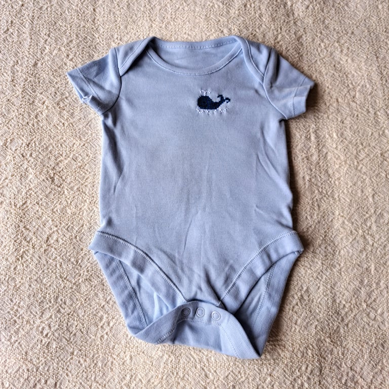 Whale, Baby Vest, Age 0-3 months, hand embroidered