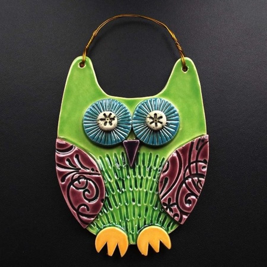 Green Owl ceramic hanging decoration 