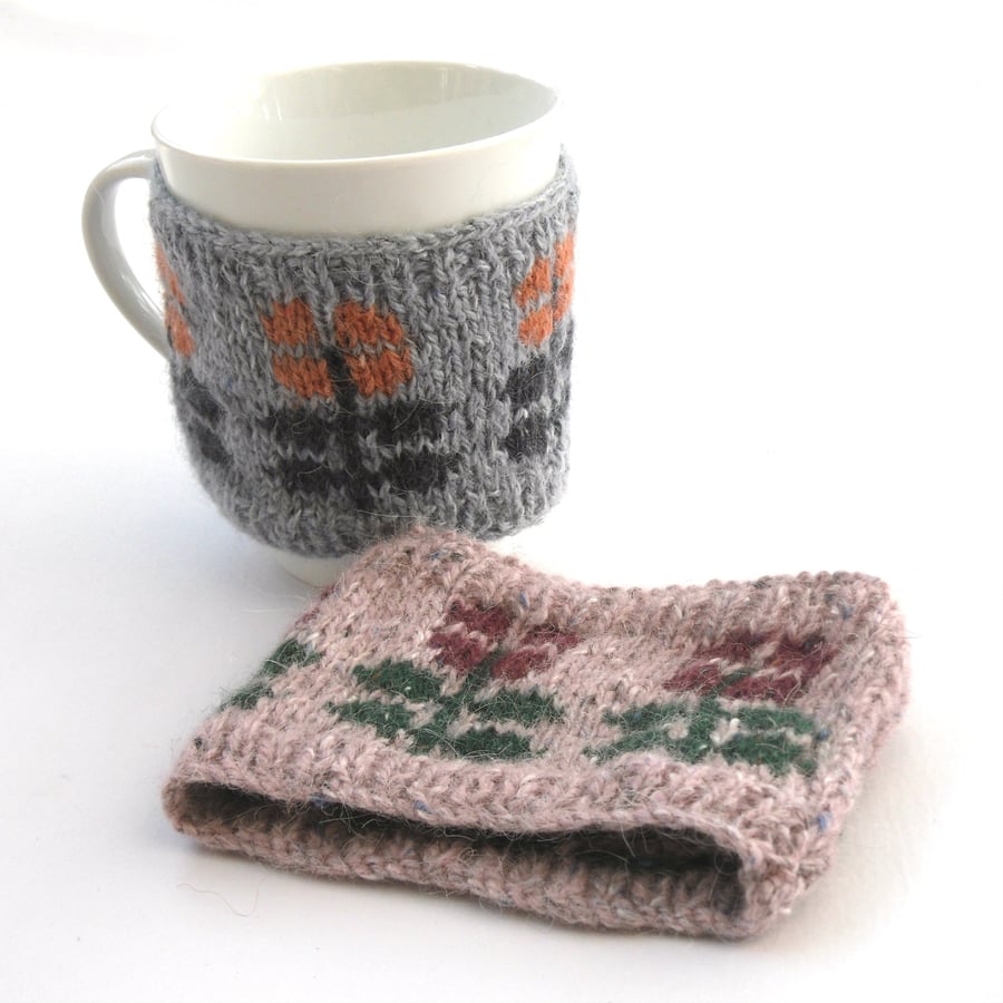 Flower mug hug , hand knit kitchen cosy