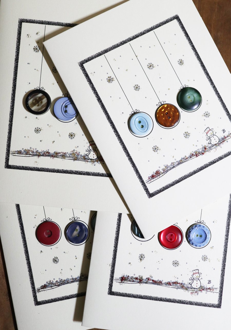 Pack of 4 - Vintage button Christmas baubles and snowman design greeting card