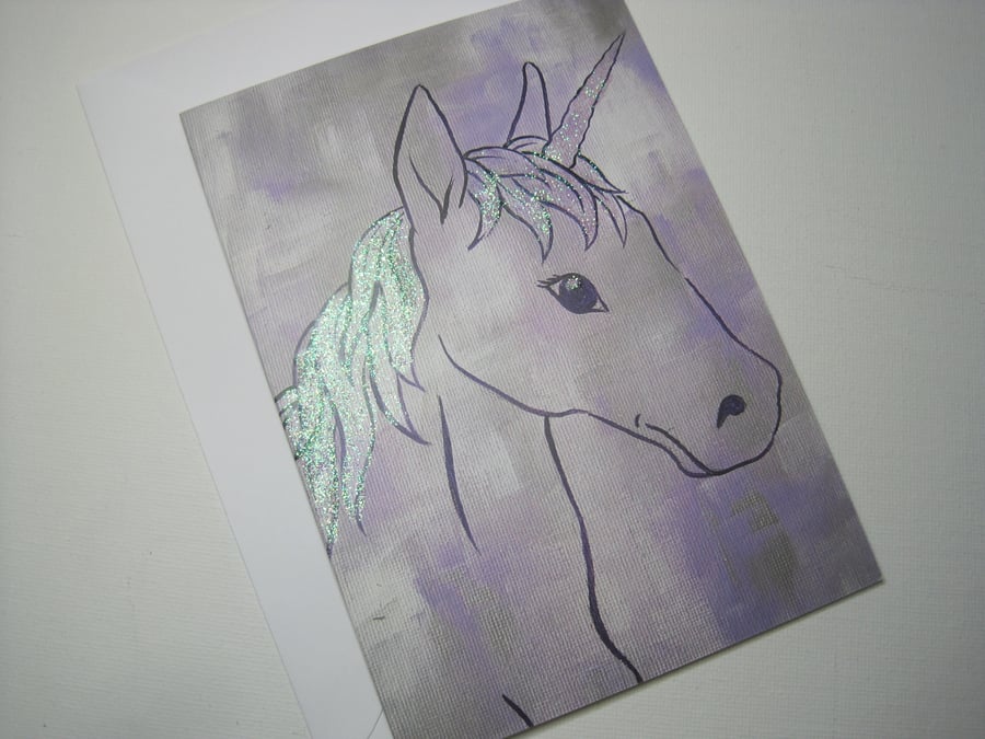 Unicorn Blank Greetings Card Lilac Purple and Glitter