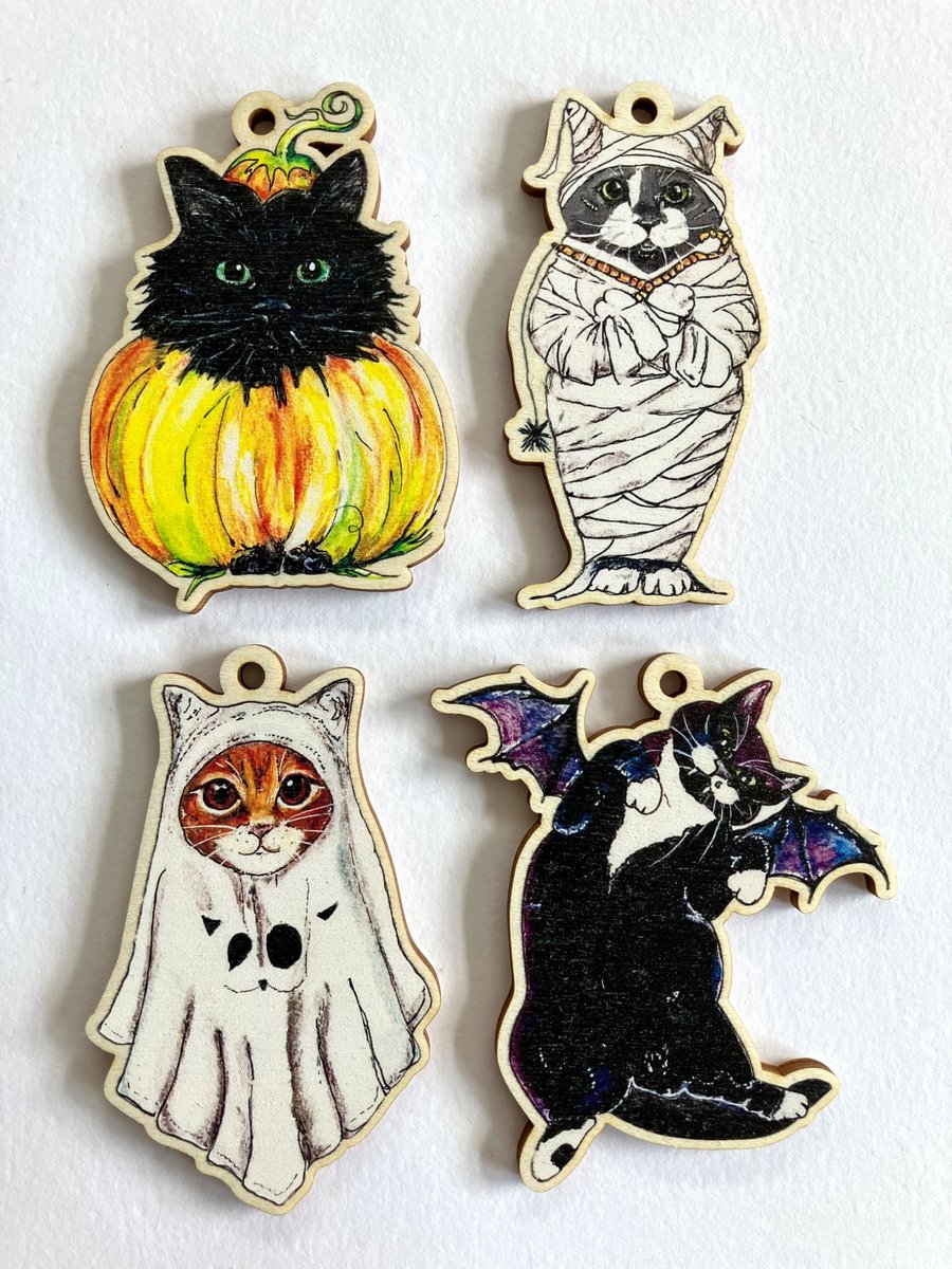 Halloween Cat Laser Cut Wooden Decorations - 4 MEOWOWEEN Designs To Choose From