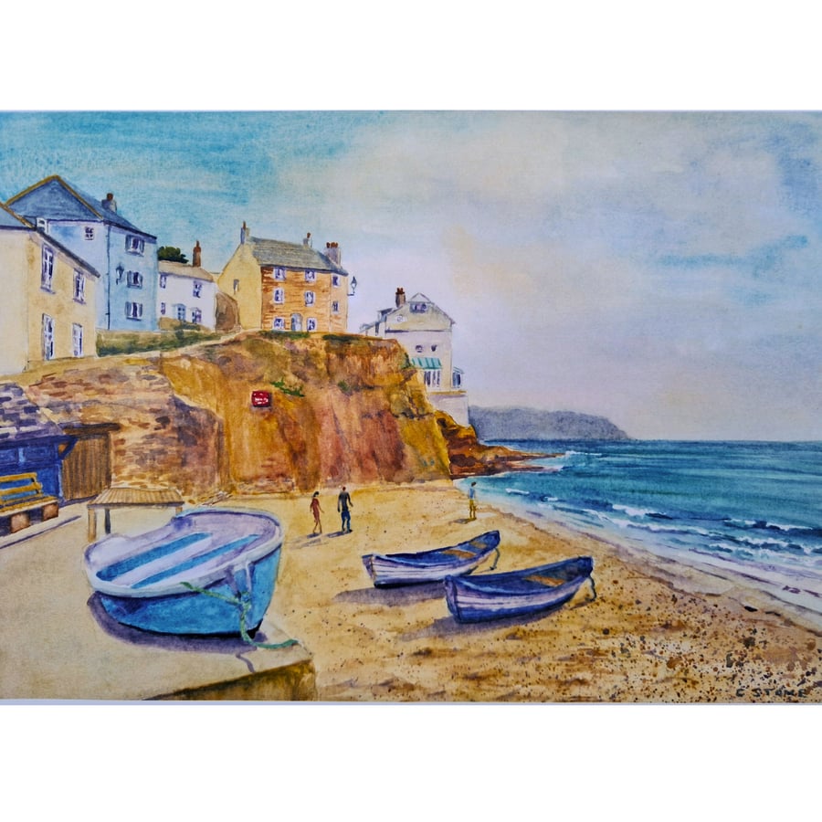  Art print of The Beach, Cawsand Cornwall from an original watercolour painting