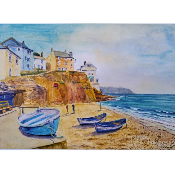  Art print The Beach, Cawsand Cornwall from an original watercolour painting A4