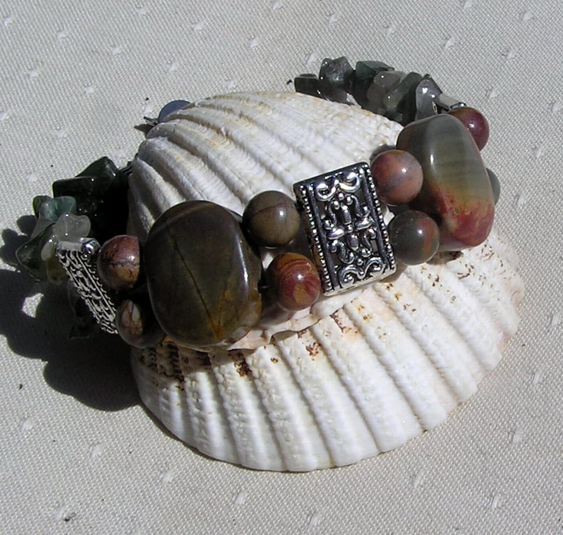 Picasso Jasper & Green Quartz Gemstone Chunky Bracelet "Green Venetian"