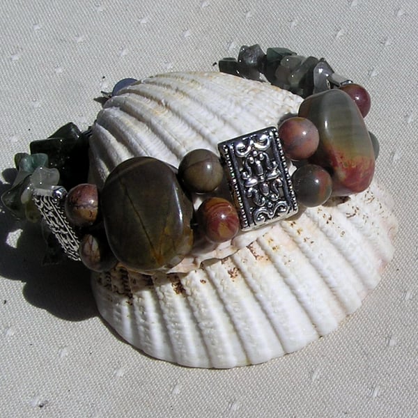 Picasso Jasper & Green Quartz Gemstone Chunky Bracelet "Green Venetian"