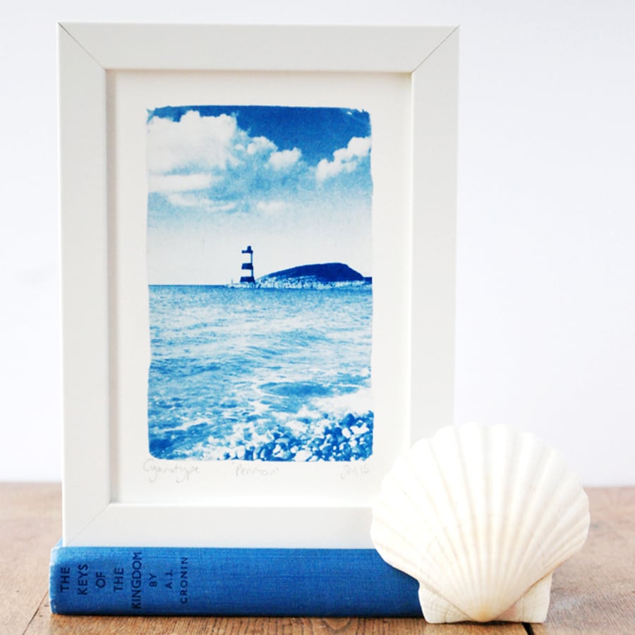 Lighthouse & Puffin Island Anglesey Welsh Seascape Cyanotype Blue & White