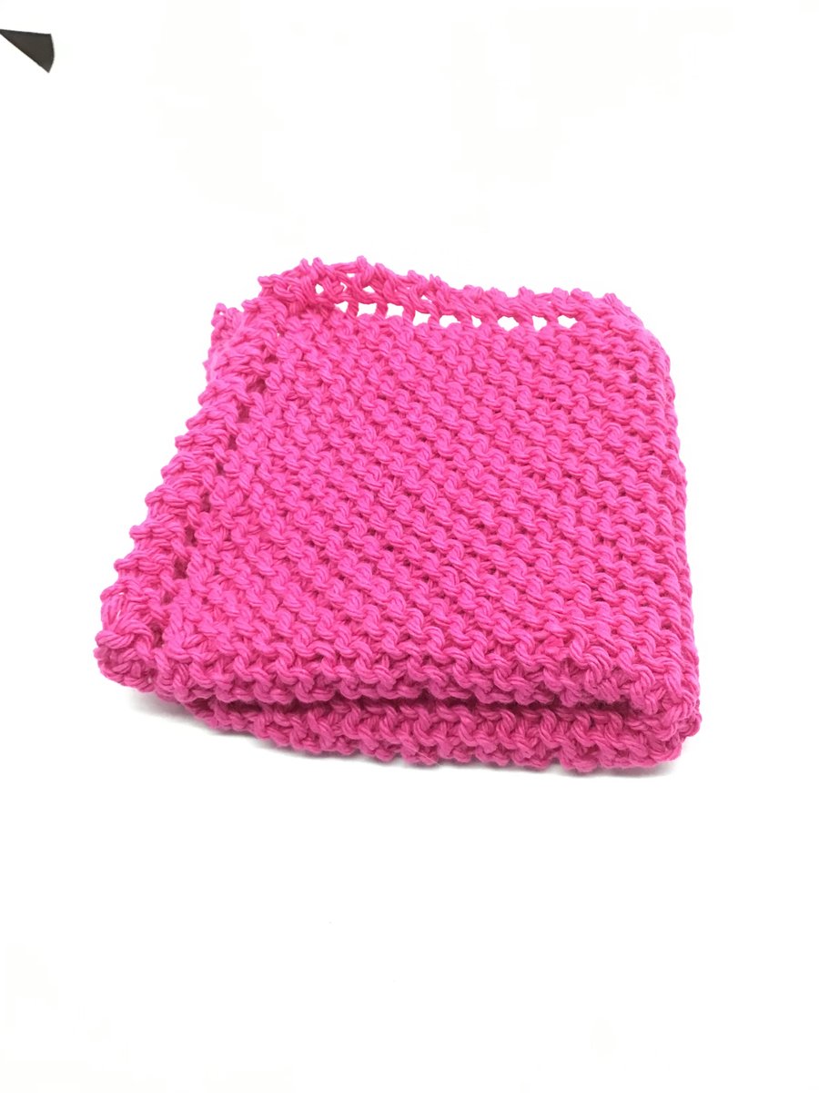 Hand Knit Cotton Dishcloth Hot Pink 