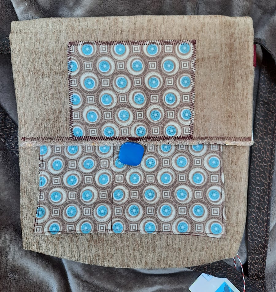 Beige and Blue Handmade Shoulder Bag with Batik Detail