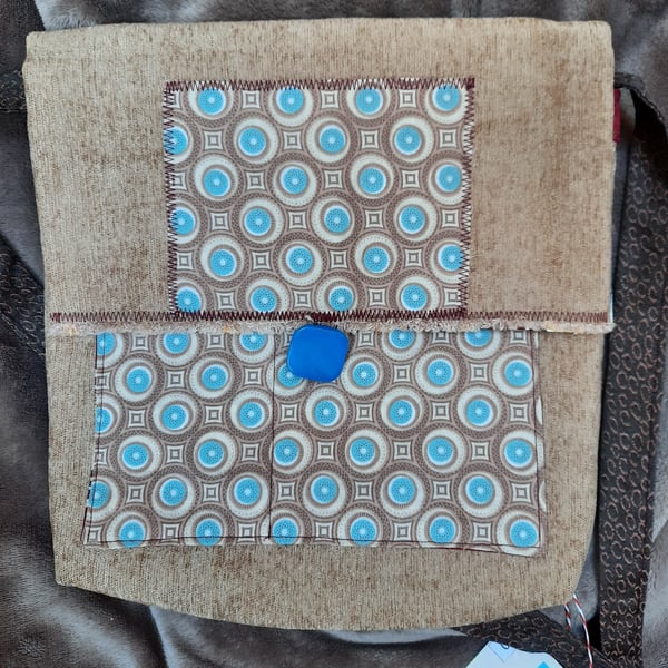 Beige and Blue Handmade Shoulder Bag with Batik Detail