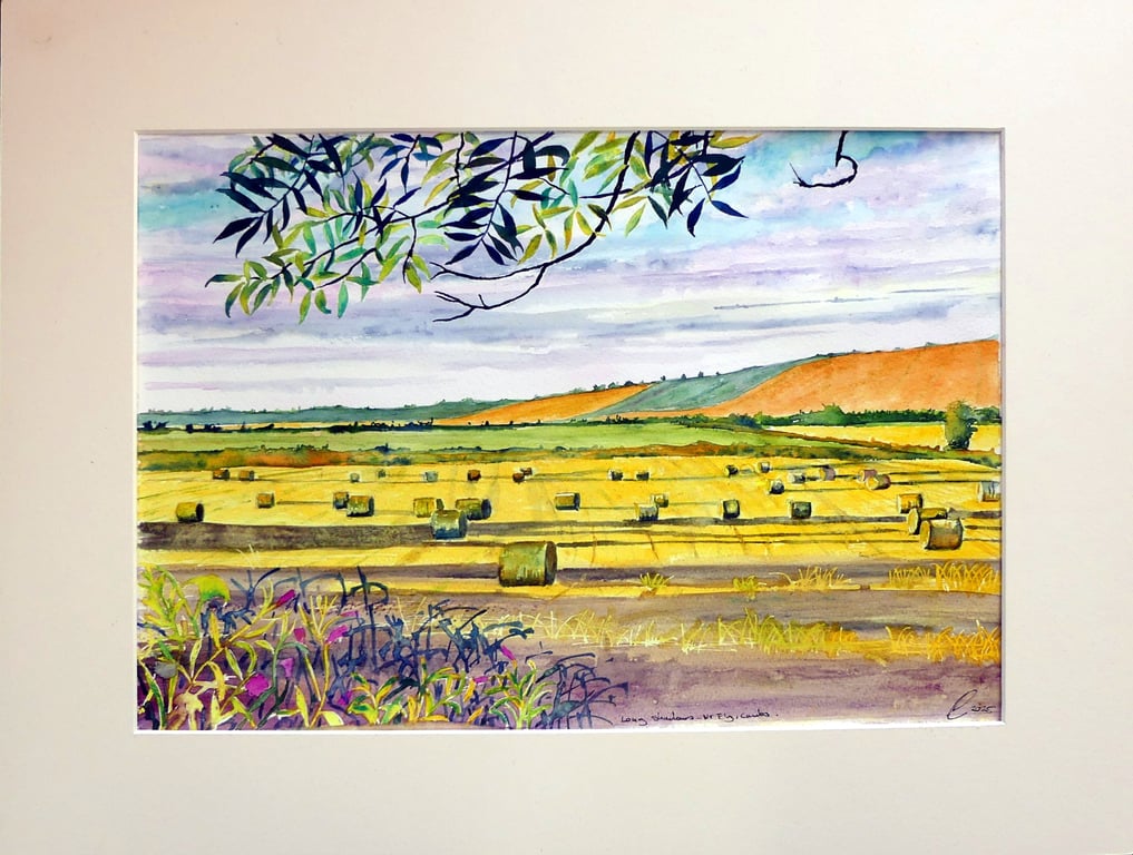 Farmland Watercolour Painting , Hay Bales in Fields  Landscape