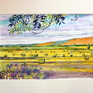 Farmland Watercolour Painting , Hay Bales in Fields  Landscape