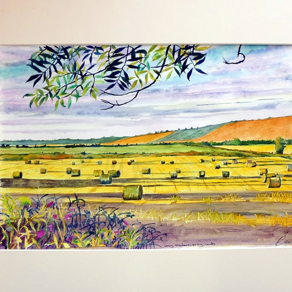 Farmland Watercolour Painting , Hay Bales in Fields  Landscape