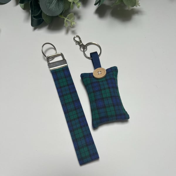 GIFT SET: Lavender Filled Key Ring & Wristlet Fob, Blue and Green Tartan, Gifts 