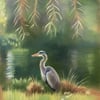 Heron Art print - impressionist art, pond art, Bushy Park 
