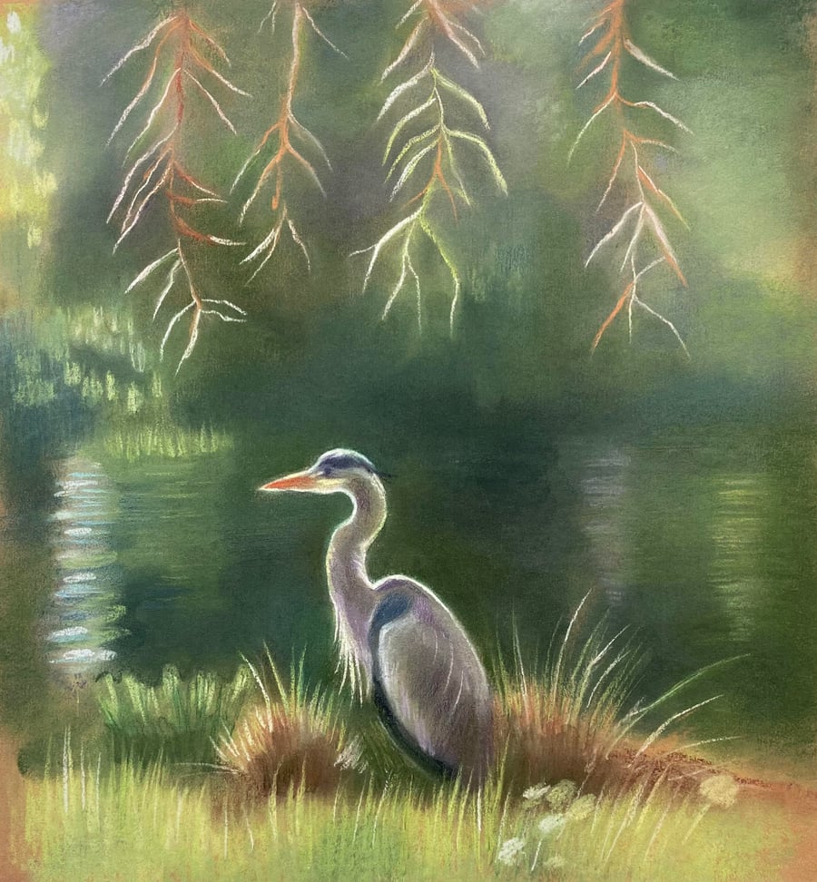 Heron Art print - impressionist art, pond art, Bushy Park 