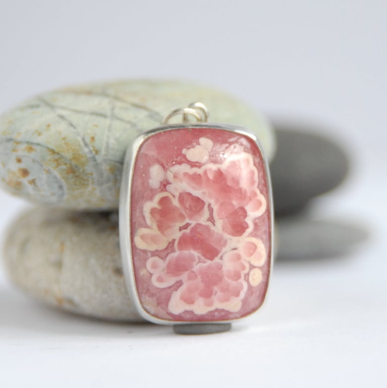Rhodochrosite and silver pendant