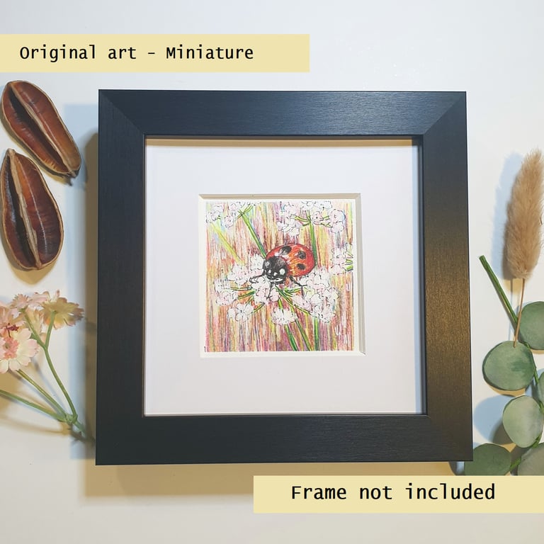 Ladybird original art miniature, insect drawing, artwork
