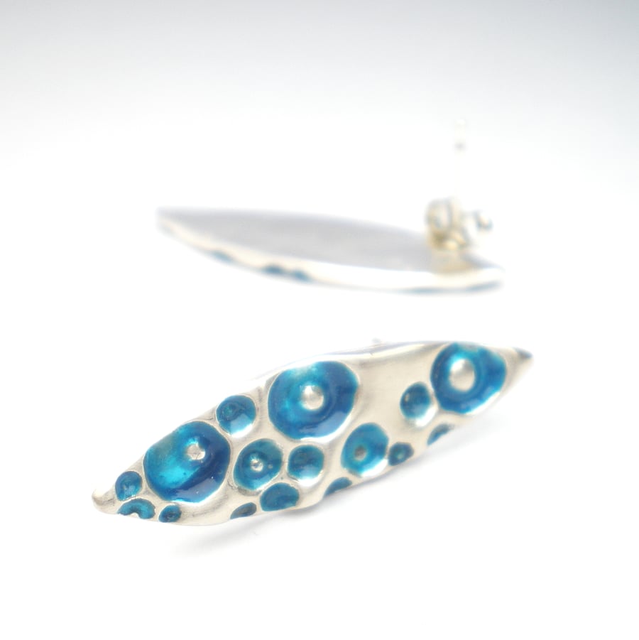 Oval Silver Blue Enamel Post Earrings