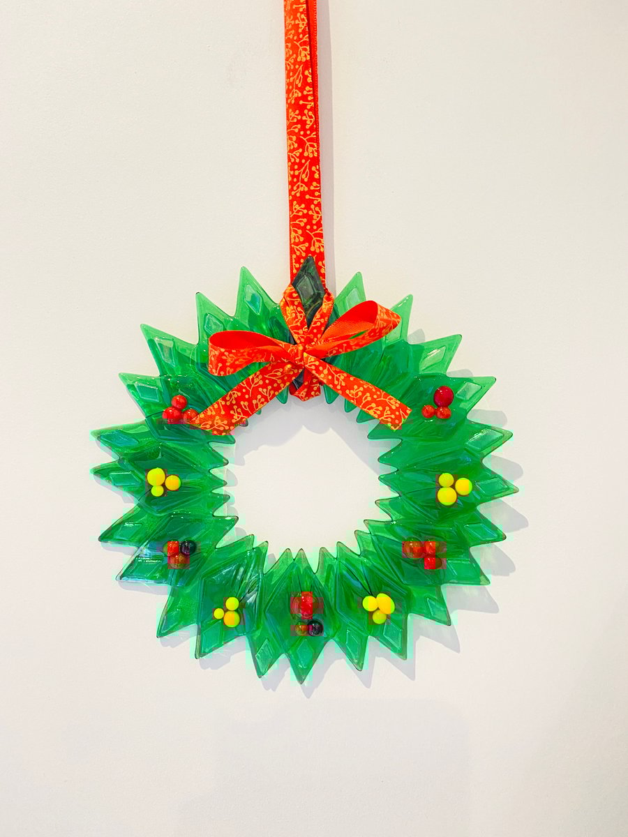 Large fused glass wreath with berries - glass Christmas decoration