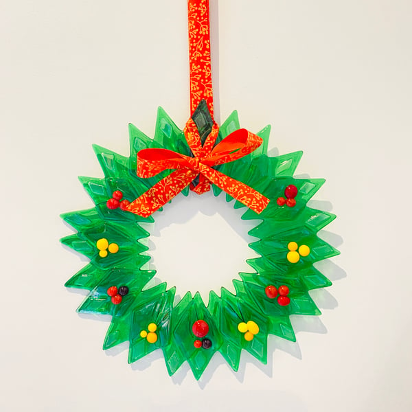 Large fused glass wreath with berries - glass Christmas decoration