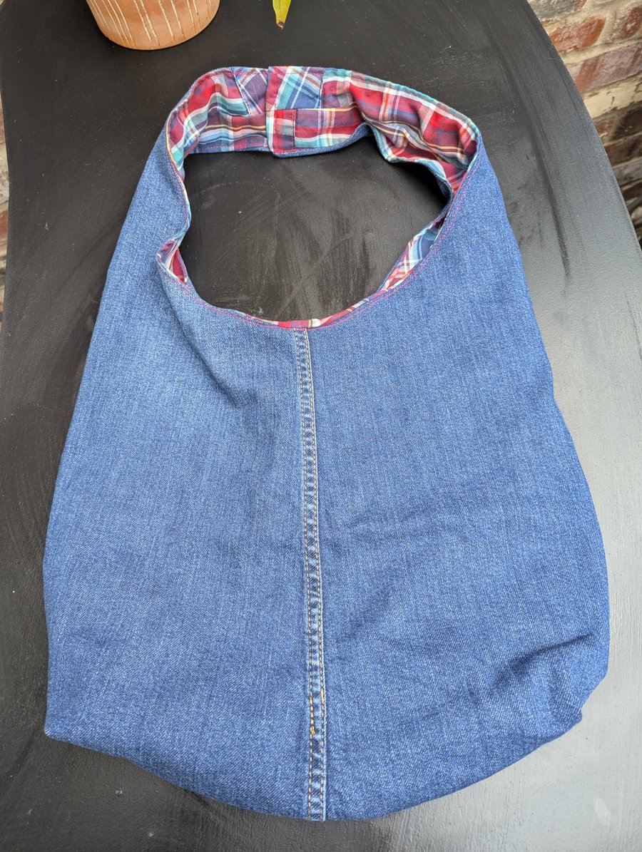 Denim tote recycled bag with checked lining