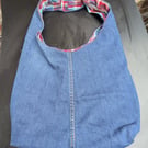 Denim tote recycled bag with checked lining
