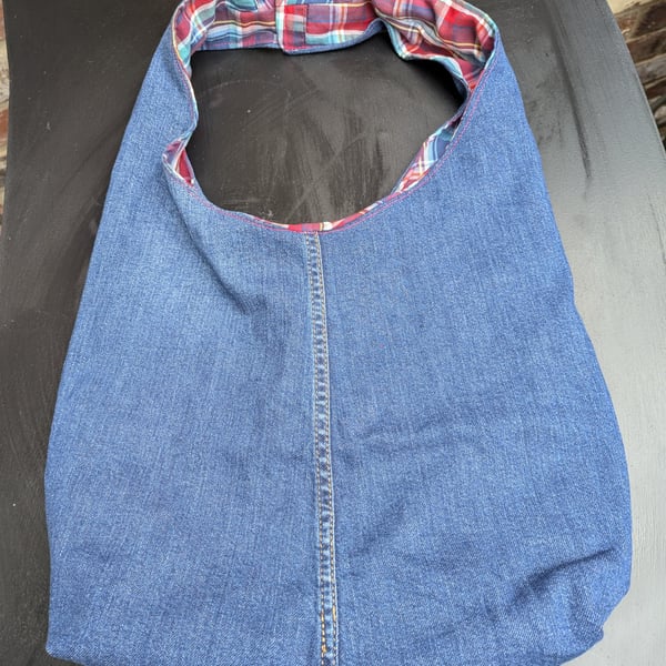 Denim tote recycled bag with checked lining