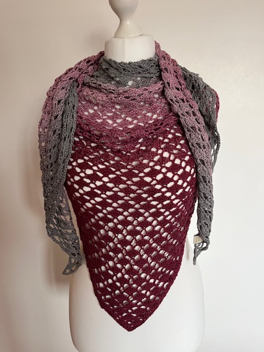 Burgundy, Pink and Grey Crochet Shawl, Birthday Gift Idea, Ladies Shawl
