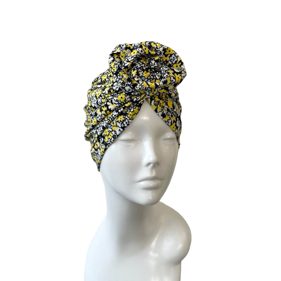Rosette Elastic Turban Hat Black and Yellow Floral Summer Turban Scarf for Women