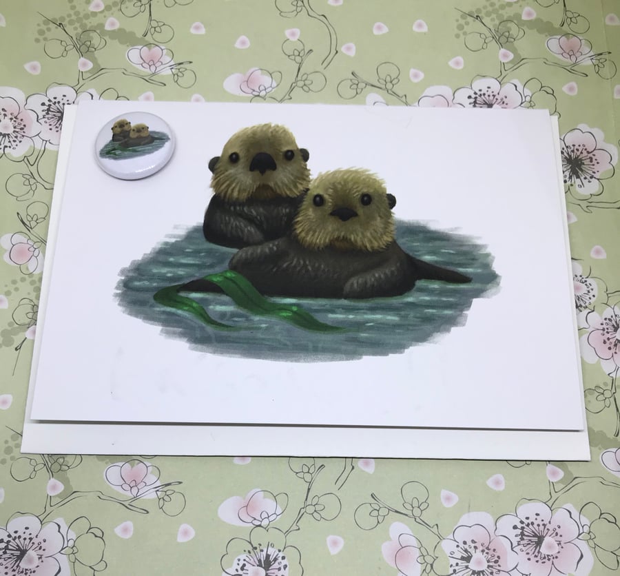 Sea Otters Greeting Card and badge