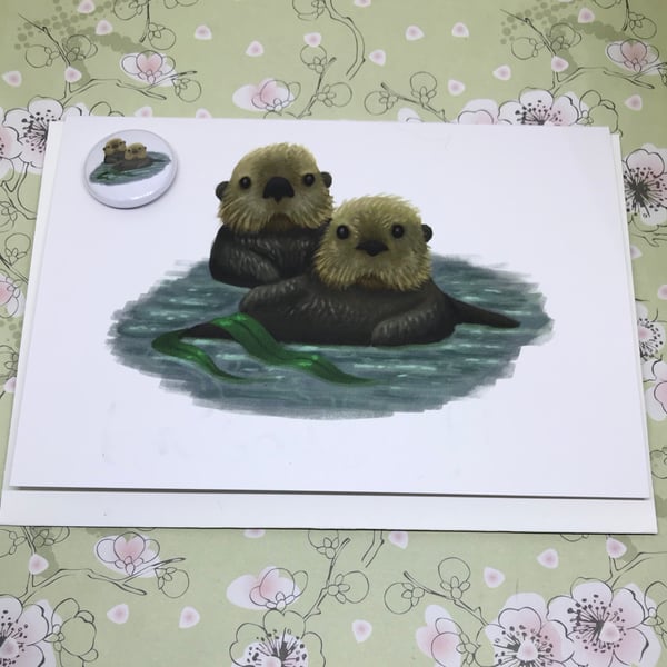 Sea Otters Greeting Card and badge