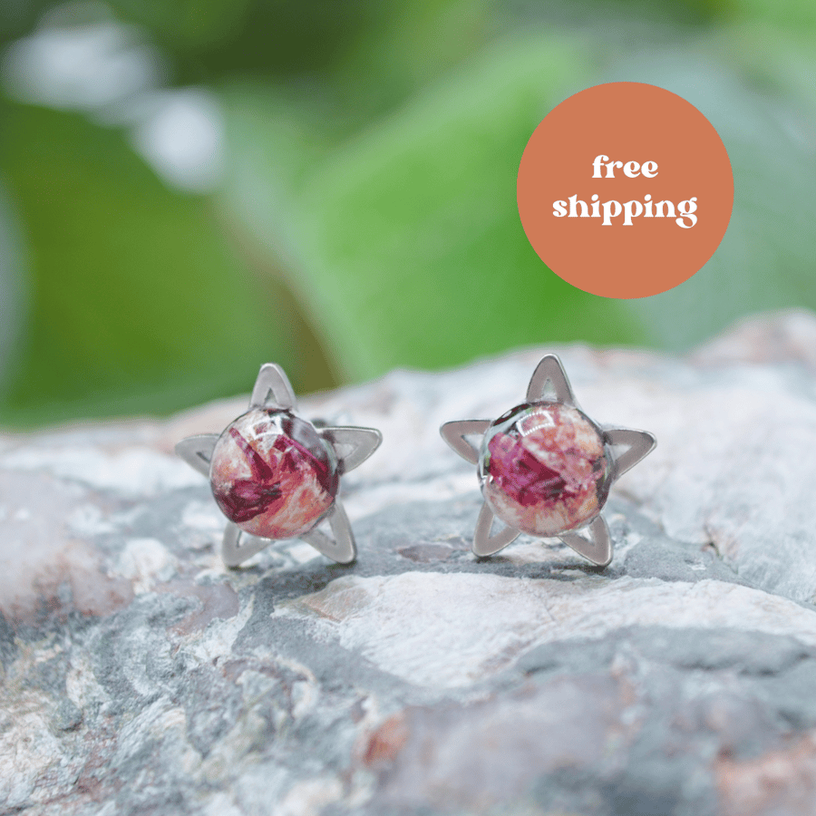 Pink Rose Petal Star Stud Earrings - Free Postage