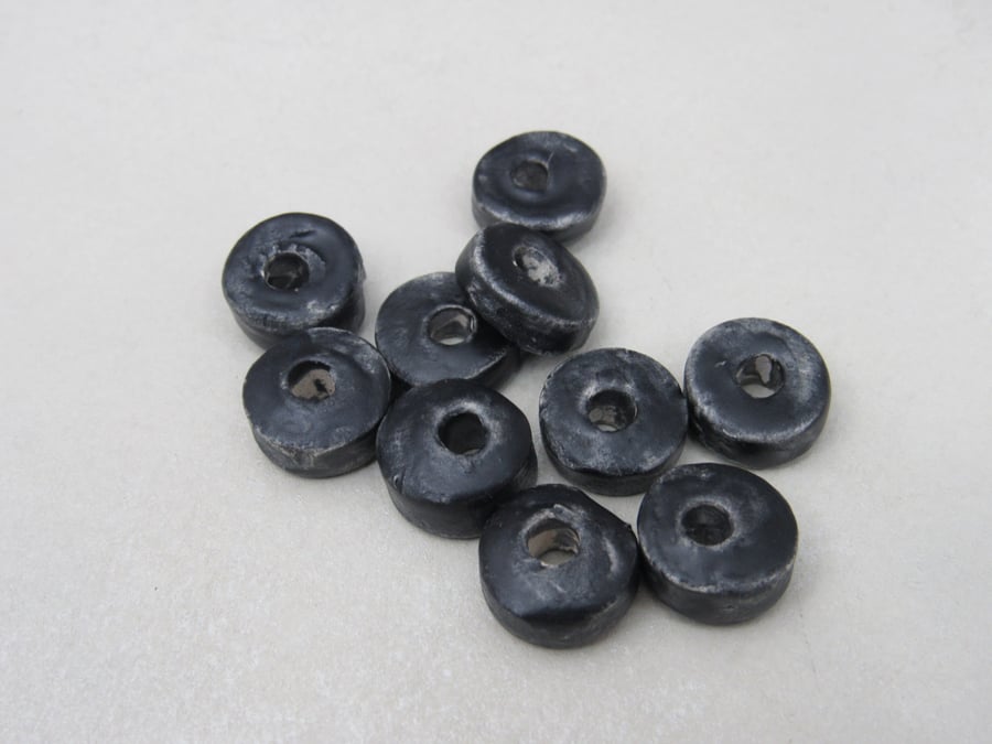 10 Small Coal Black Glazed Ceramic Washer Beads