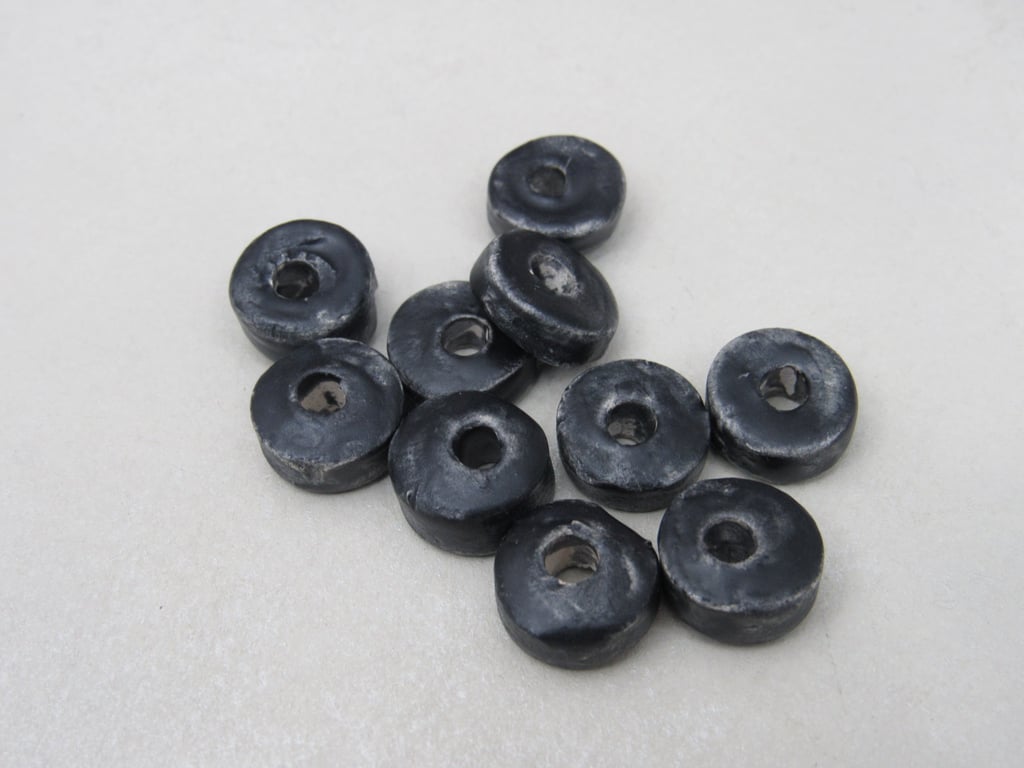 10 Small Coal Black Glazed Ceramic Washer Beads