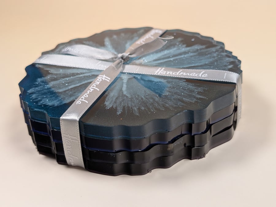 Set of 4 Resin Bloom Coasters – Handmade Flower Burst in Epoxy Resin