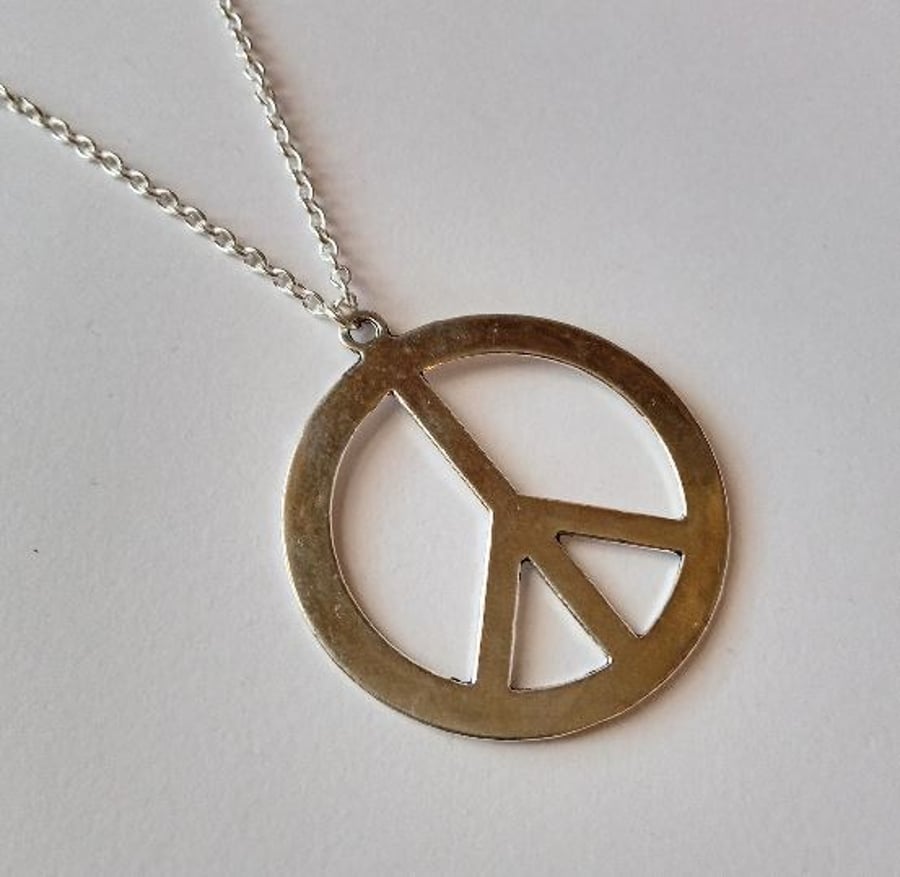 Silver Plate Large Peace Sign Long Necklace