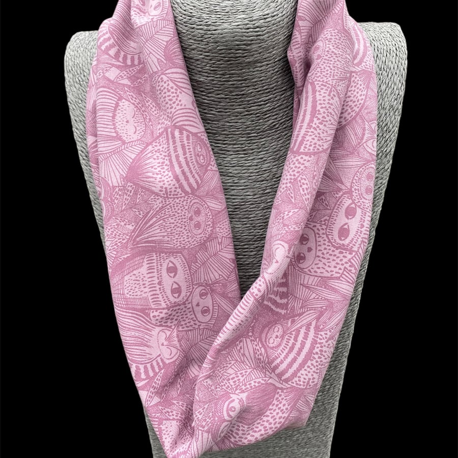 Dusky Pink Organic Cotton Infinity Scarf with Owl pattern 
